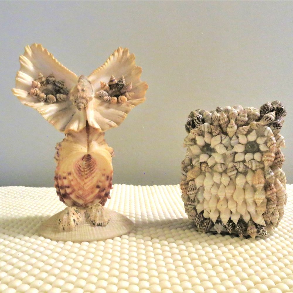 Pair of Handmade Coastal Owl Figurines Unique Artisan Sea Shell Beach Art